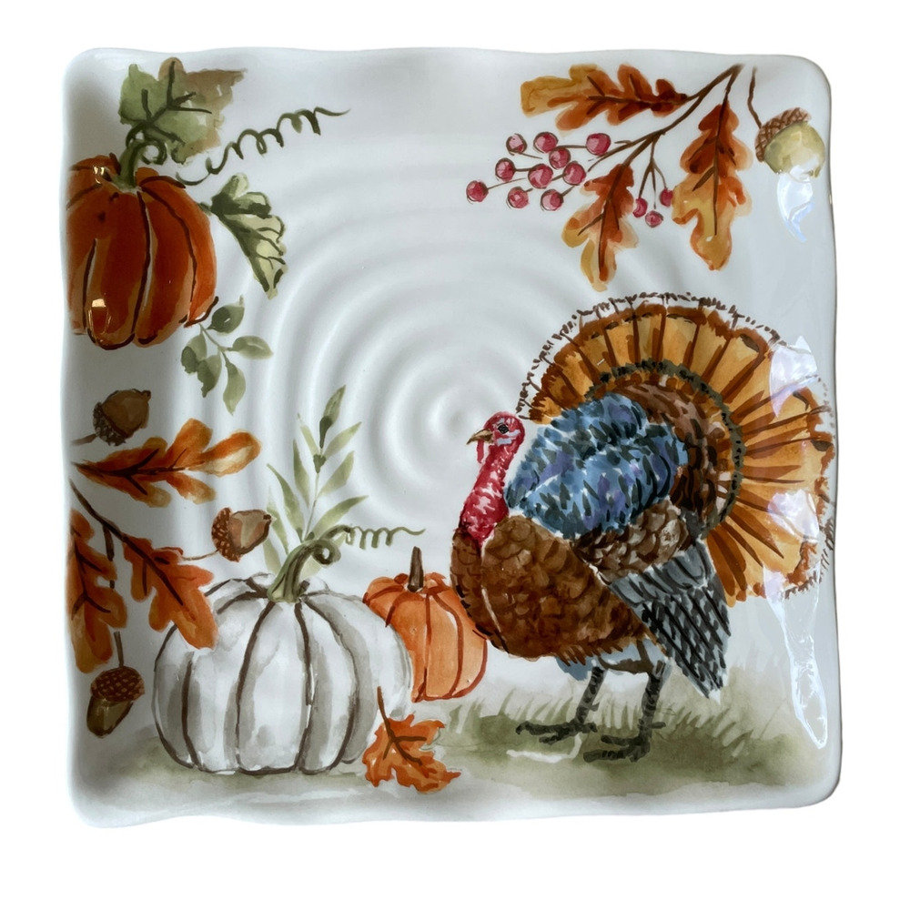 MAXCERA Thanksgiving Turkey Pumpkin Dinner Plates 11in Square Ceramic Set of 3